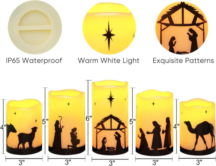 Homemory Flameless Christmas Nativity Scene Candles, Battery Operated LED Pillar Religion Candles, Nativity Sets Indoor Outdoor Decorations for Xmas Holiday Home Decor, with Remote and Timer, Set of 5 - Image 8