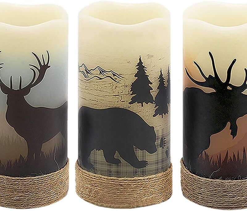 GenSwin Flameless Flickering Led Candles with Hemp Rope and 6H Timer, Battery Operated Set of 3 Real Wax Pillar Rustic Candles Warm Light with Deer, Moose, Bear Decals Decor Christmas Home(D3 x H6)