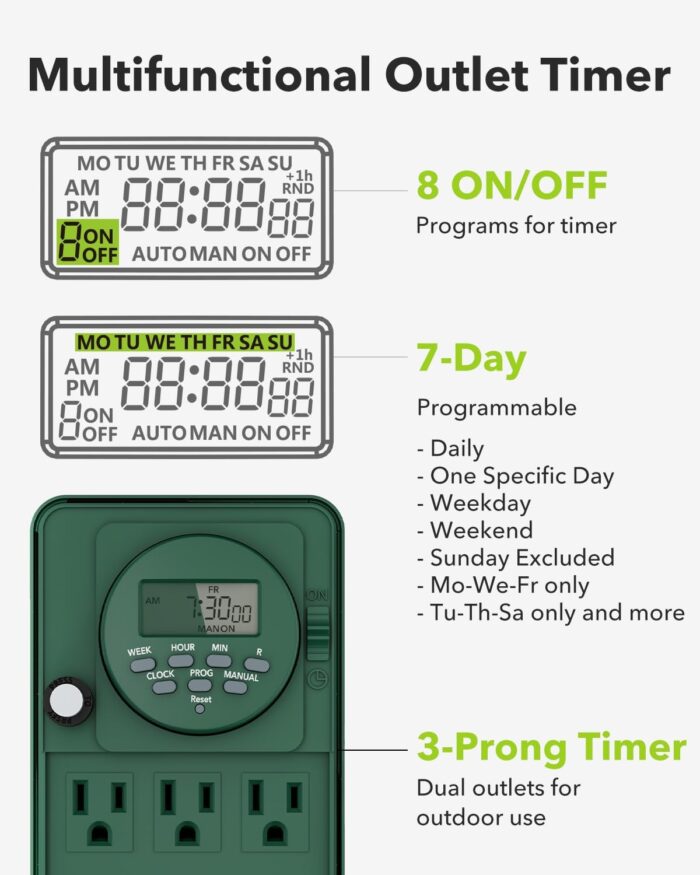 BN-LINK 7 Day Heavy Duty Outdoor Digital Stake Timer, 6 Outlets, Weatherproof, Perfect for Outdoor Lights, Sprinklers, Christmas Lights - Image 3