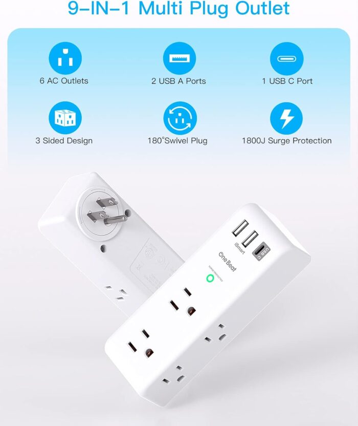Surge Protector Outlet Extender - with Rotating Plug, 6 AC Multi Plug Outlet with 3 USB Ports (1 USB C), 1800J Wall Charger, 3-Sided Power Strip with Spaced Outlet Splitter for Home, Office, Travel - Image 3