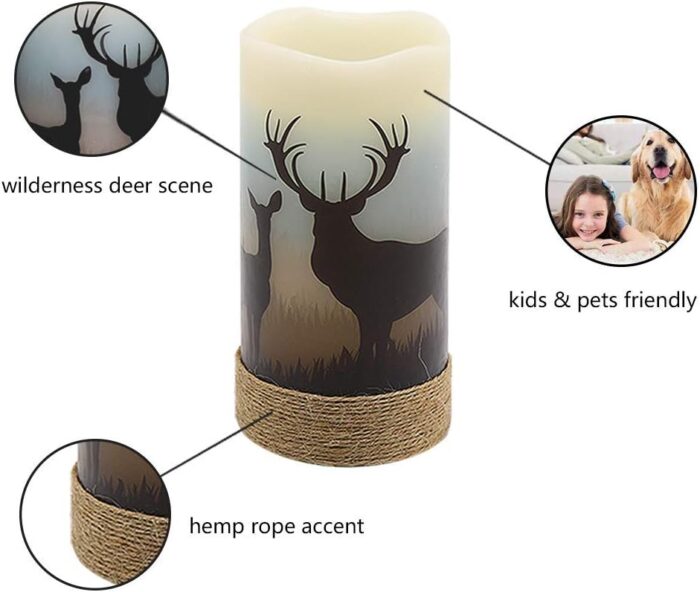 GenSwin Flameless Flickering Led Candles with Hemp Rope and 6H Timer, Battery Operated Set of 3 Real Wax Pillar Rustic Candles Warm Light with Deer, Moose, Bear Decals Decor Christmas Home(D3 x H6) - Image 6