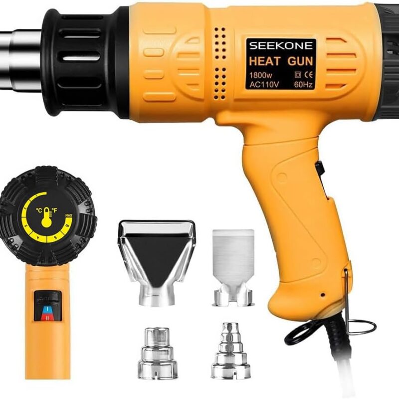 SEEKONE Heat Gun 1800W 122℉-1202℉（50℃- 650℃）Fast Heating Heavy Duty Hot Air Gun Kit Variable Temperature Control Overheat Protection with 4 Nozzles for Crafts, Shrinking PVC, Stripping Paint(5.2FT)