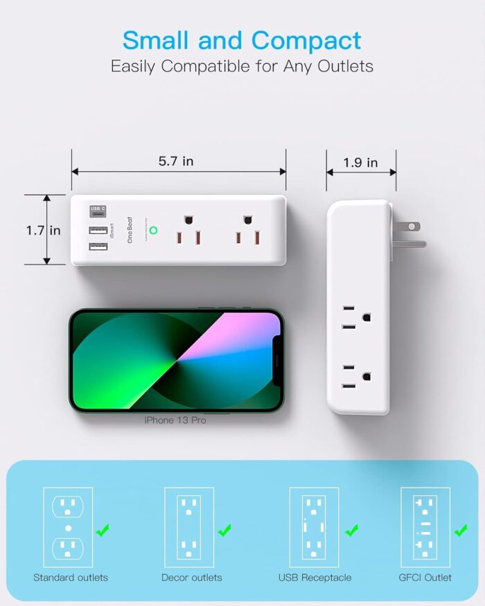 Surge Protector Outlet Extender - with Rotating Plug, 6 AC Multi Plug Outlet with 3 USB Ports (1 USB C), 1800J Wall Charger, 3-Sided Power Strip with Spaced Outlet Splitter for Home, Office, Travel - Image 7
