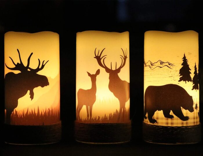 GenSwin Flameless Flickering Led Candles with Hemp Rope and 6H Timer, Battery Operated Set of 3 Real Wax Pillar Rustic Candles Warm Light with Deer, Moose, Bear Decals Decor Christmas Home(D3 x H6) - Image 3