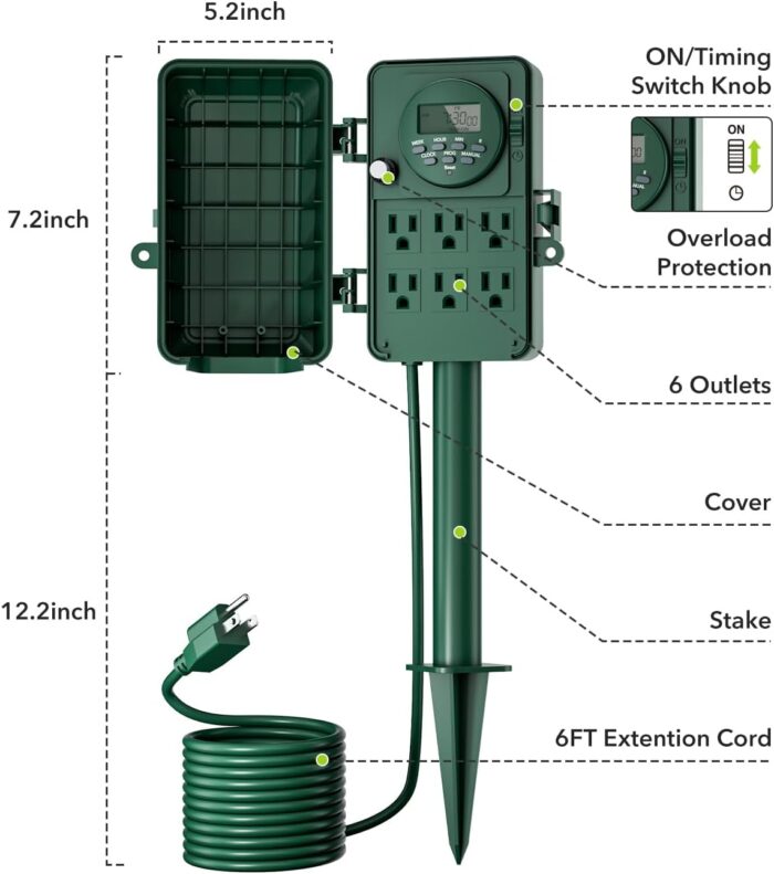 BN-LINK 7 Day Heavy Duty Outdoor Digital Stake Timer, 6 Outlets, Weatherproof, Perfect for Outdoor Lights, Sprinklers, Christmas Lights - Image 2
