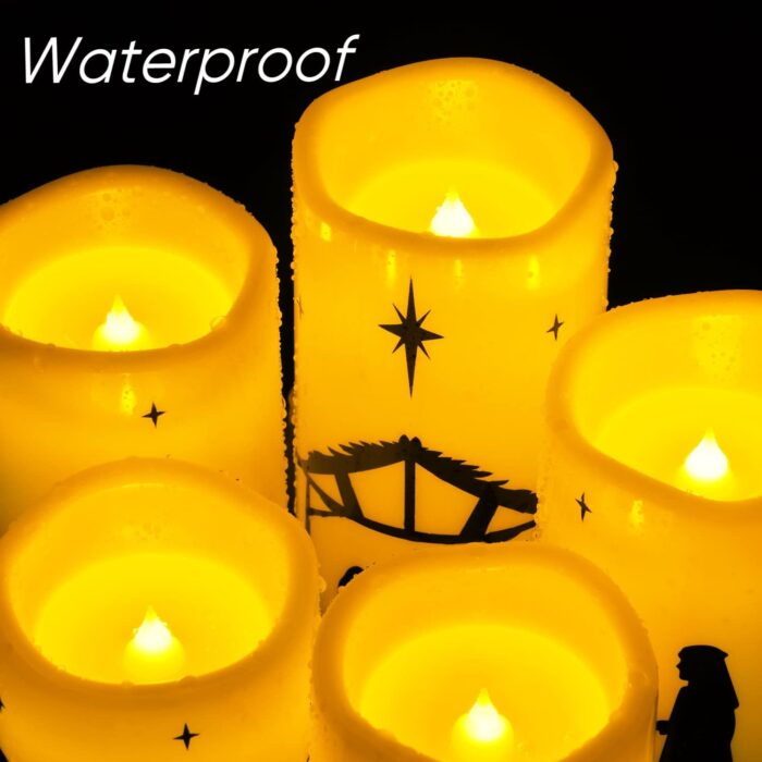 Homemory Flameless Christmas Nativity Scene Candles, Battery Operated LED Pillar Religion Candles, Nativity Sets Indoor Outdoor Decorations for Xmas Holiday Home Decor, with Remote and Timer, Set of 5 - Image 9