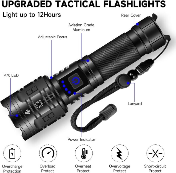 Rechargeable Flashlights High Lumens, 990000LM Powerful Tactical Flashlights, 5 Modes LED Flashlight Adjustable, Brightest Flashlight Waterproof, Handheld Flash Light for Emergencies, Camping, Hiking - Image 5