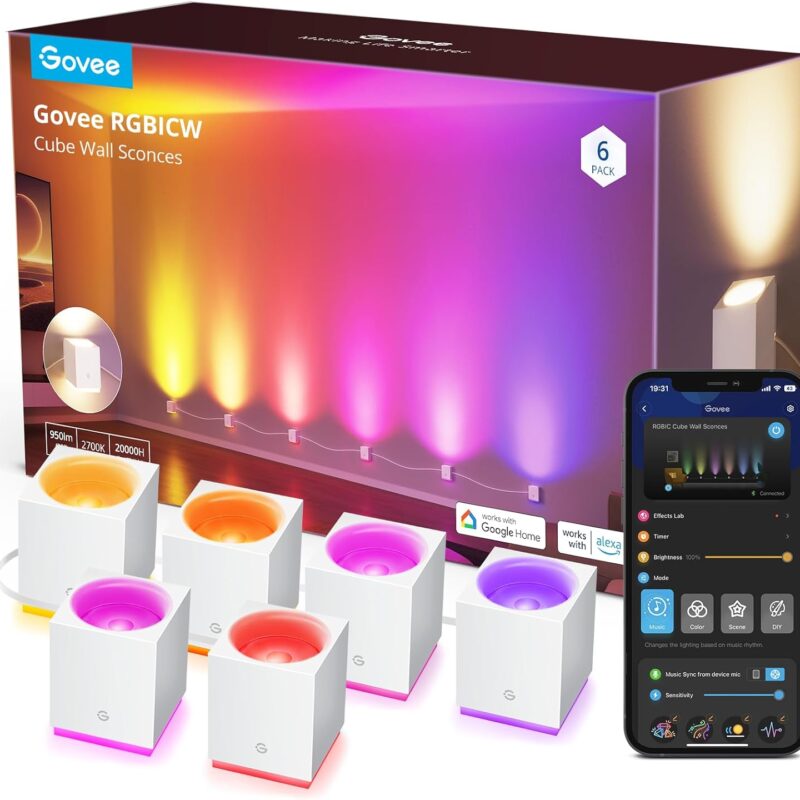 Govee Cube Wall Sconces, RGBIC LED Wall Light Works with Alexa, WiFi Smart Lights for Room Decor, Color Changing Indoor Light Fixture for Bedroom Dining Room, Music Sync, Adjustable Cables, 15ft