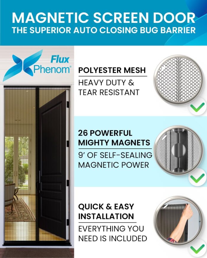 FLUX Magnetic Screen Door - Self-Sealing, Pet-Friendly, Keeps Bugs Out - Fits Doors Up To 38"x82", Door Screen Magnetic Closure, Hands-Free Patio Screen Door Mesh Partition - Image 2