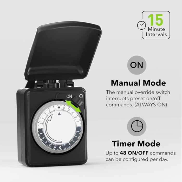 BN-LINK 24 Hour Heavy Duty Mechanical Timer, Outlet Timer with 15 Minutes Intervals, Outdoor Timer Outlet Waterproof, 2 Grounded Outlets for Christmas Lights,15A 1/2HP, ETL Listed - Image 4