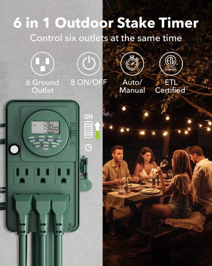 BN-LINK 7 Day Heavy Duty Outdoor Digital Stake Timer, 6 Outlets, Weatherproof, Perfect for Outdoor Lights, Sprinklers, Christmas Lights - Image 4