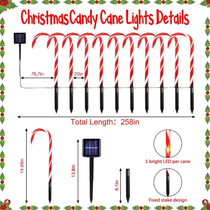 20 Pack Solar Christmas Candy Cane Lights, Christmas Decorations Outdoor Waterproof, Christmas Pathway Lights with 8 Lighting Modes & Memory Function for Party Garden Lawn Yard Patio Decor - Image 6