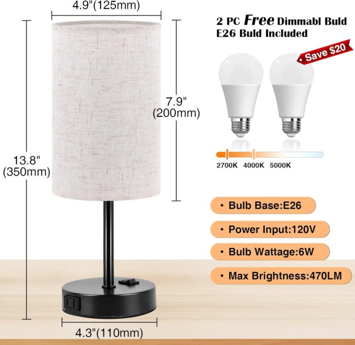 ZJOJO Table Lamp for Bedroom Set of 2, Bedside Small Lamps with 3 Way Dimmable Rocker Switch and AC Outlet, Nightstand Desk Lamp with Flaxen Fabric Shade Black Base for Living Room Home Decor Lights - Image 2