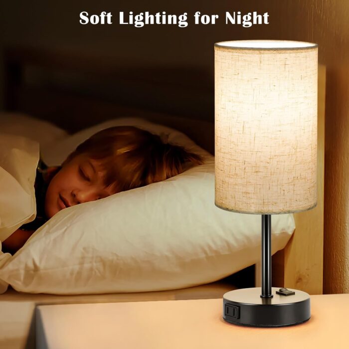 ZJOJO Table Lamp for Bedroom Set of 2, Bedside Small Lamps with 3 Way Dimmable Rocker Switch and AC Outlet, Nightstand Desk Lamp with Flaxen Fabric Shade Black Base for Living Room Home Decor Lights - Image 6
