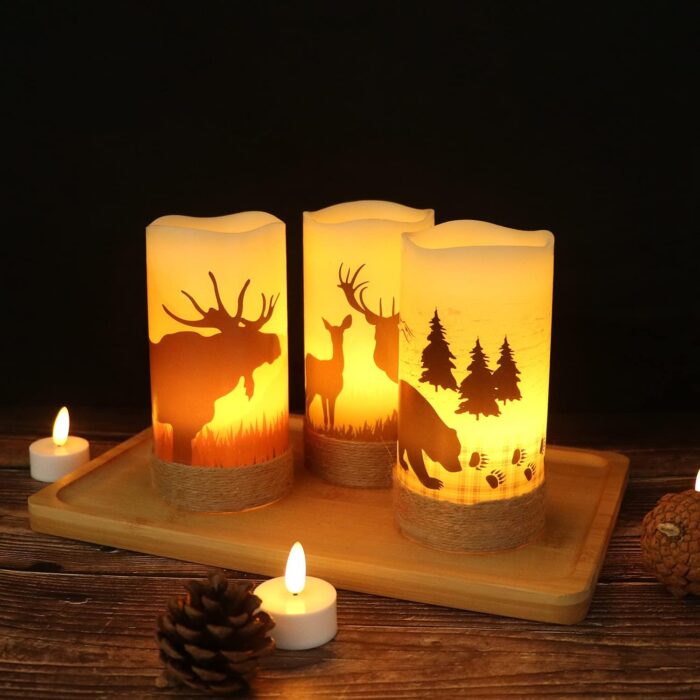 GenSwin Flameless Flickering Led Candles with Hemp Rope and 6H Timer, Battery Operated Set of 3 Real Wax Pillar Rustic Candles Warm Light with Deer, Moose, Bear Decals Decor Christmas Home(D3 x H6) - Image 5