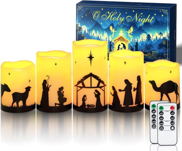 Homemory Flameless Christmas Nativity Scene Candles, Battery Operated LED Pillar Religion Candles, Nativity Sets Indoor Outdoor Decorations for Xmas Holiday Home Decor, with Remote and Timer, Set of 5