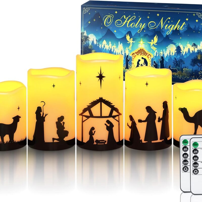 Homemory Flameless Christmas Nativity Scene Candles, Battery Operated LED Pillar Religion Candles, Nativity Sets Indoor Outdoor Decorations for Xmas Holiday Home Decor, with Remote and Timer, Set of 5