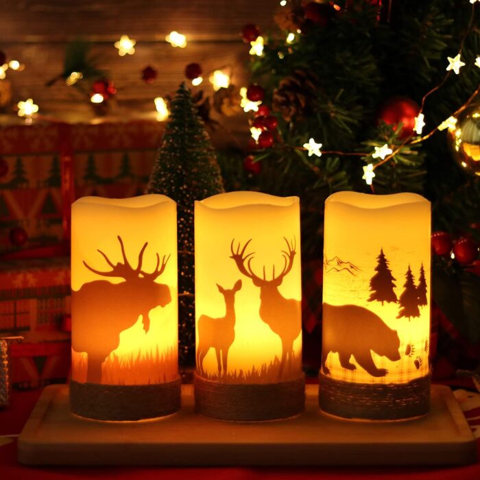 GenSwin Flameless Flickering Led Candles with Hemp Rope and 6H Timer, Battery Operated Set of 3 Real Wax Pillar Rustic Candles Warm Light with Deer, Moose, Bear Decals Decor Christmas Home(D3 x H6) - Image 4