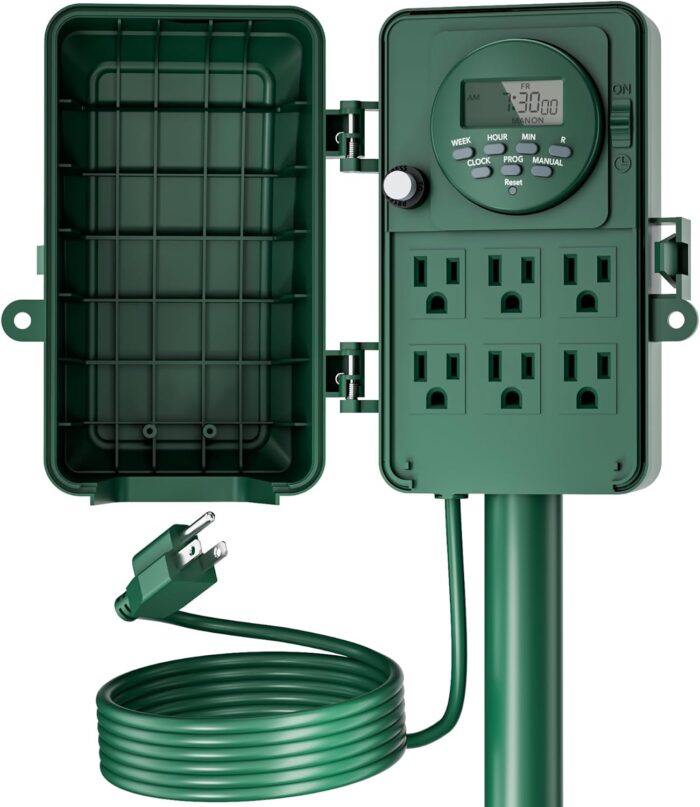 BN-LINK 7 Day Heavy Duty Outdoor Digital Stake Timer, 6 Outlets, Weatherproof, Perfect for Outdoor Lights, Sprinklers, Christmas Lights