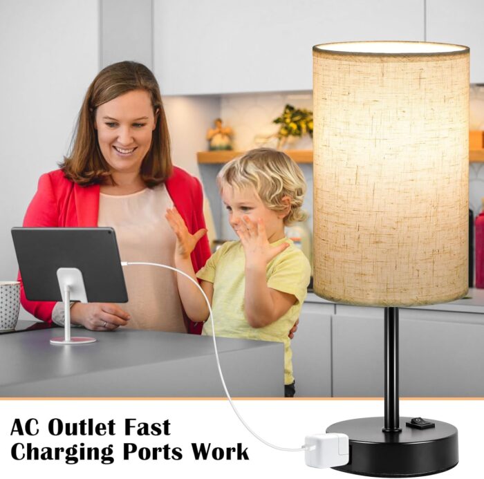 ZJOJO Table Lamp for Bedroom Set of 2, Bedside Small Lamps with 3 Way Dimmable Rocker Switch and AC Outlet, Nightstand Desk Lamp with Flaxen Fabric Shade Black Base for Living Room Home Decor Lights - Image 4