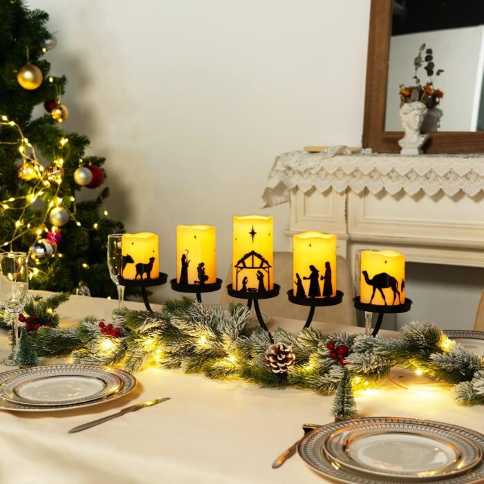 Homemory Flameless Christmas Nativity Scene Candles, Battery Operated LED Pillar Religion Candles, Nativity Sets Indoor Outdoor Decorations for Xmas Holiday Home Decor, with Remote and Timer, Set of 5 - Image 4