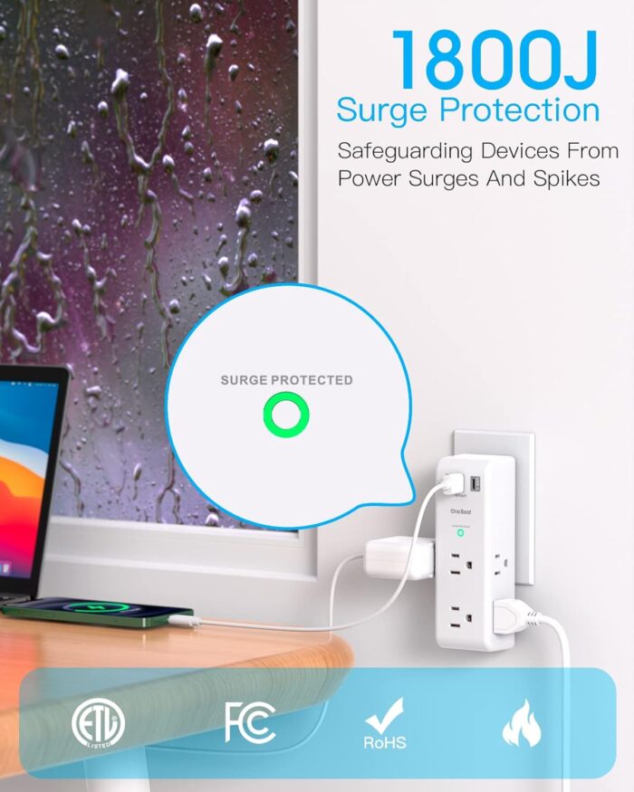 Surge Protector Outlet Extender - with Rotating Plug, 6 AC Multi Plug Outlet with 3 USB Ports (1 USB C), 1800J Wall Charger, 3-Sided Power Strip with Spaced Outlet Splitter for Home, Office, Travel - Image 5