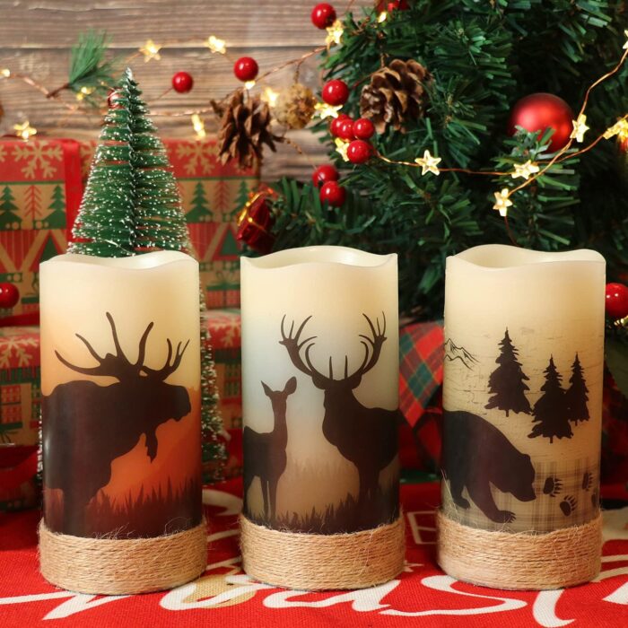 GenSwin Flameless Flickering Led Candles with Hemp Rope and 6H Timer, Battery Operated Set of 3 Real Wax Pillar Rustic Candles Warm Light with Deer, Moose, Bear Decals Decor Christmas Home(D3 x H6) - Image 2