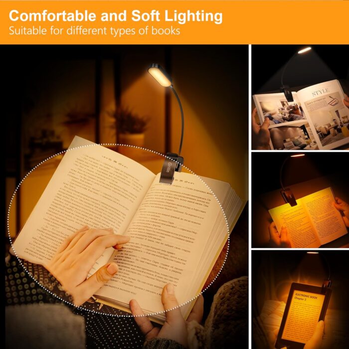 Gritin 16 LED Rechargeable Book Light for Reading in Bed- Eye Caring 3 Color Temperatures, Stepless Dimming Brightness, 80 Hrs Runtime, Lightweight Flexible Clip on Book Light for Book Lovers - Image 4