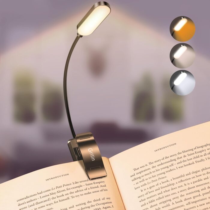 Gritin 16 LED Rechargeable Book Light for Reading in Bed- Eye Caring 3 Color Temperatures, Stepless Dimming Brightness, 80 Hrs Runtime, Lightweight Flexible Clip on Book Light for Book Lovers