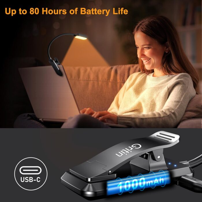Gritin 16 LED Rechargeable Book Light for Reading in Bed- Eye Caring 3 Color Temperatures, Stepless Dimming Brightness, 80 Hrs Runtime, Lightweight Flexible Clip on Book Light for Book Lovers - Image 6