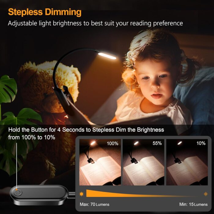 Gritin 16 LED Rechargeable Book Light for Reading in Bed- Eye Caring 3 Color Temperatures, Stepless Dimming Brightness, 80 Hrs Runtime, Lightweight Flexible Clip on Book Light for Book Lovers - Image 3