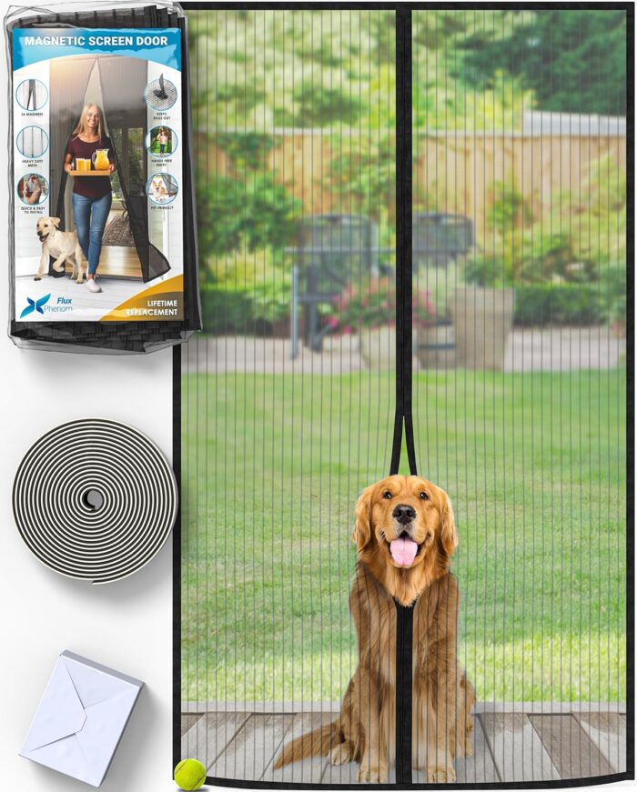 FLUX Magnetic Screen Door - Self-Sealing, Pet-Friendly, Keeps Bugs Out - Fits Doors Up To 38"x82", Door Screen Magnetic Closure, Hands-Free Patio Screen Door Mesh Partition