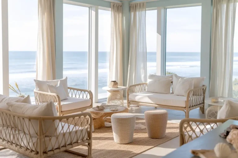 A serene, bright living room with large windows overlooking an ocean view.