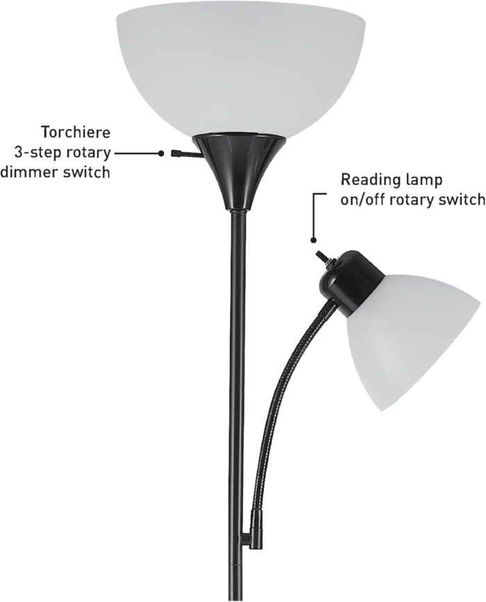 Globe Electric 67135 72" Torchiere Floor Lamp + Adjustable Reading Light, Matte Black, Frosted Plastic Shade, 3-Step Rotary Switch on Socket, Living Room Décor, Reading Light, Home Essentials - Image 6