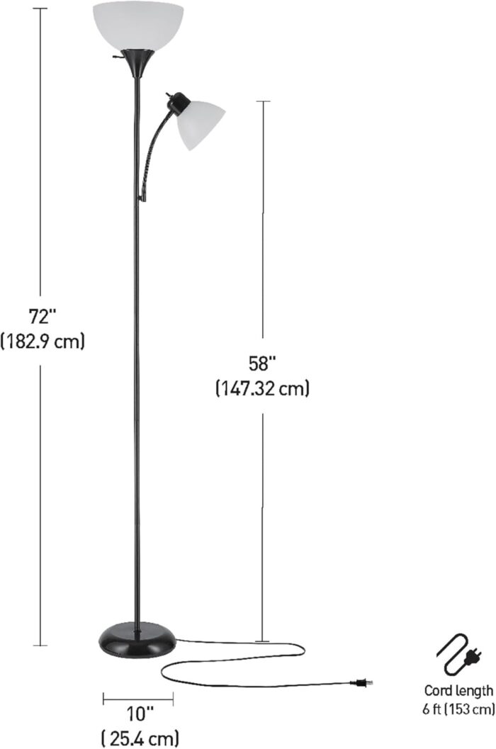 Globe Electric 67135 72" Torchiere Floor Lamp + Adjustable Reading Light, Matte Black, Frosted Plastic Shade, 3-Step Rotary Switch on Socket, Living Room Décor, Reading Light, Home Essentials - Image 8