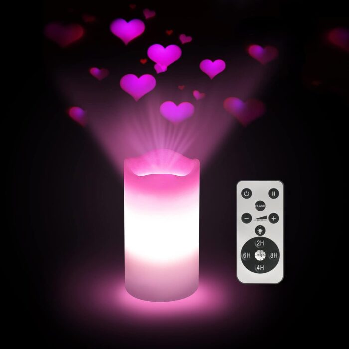 Valentines Day Flameless Candles Romantic Pink Heart Projector Lights Battery Operated Night Light with Remote and Timer, LED Candle Home Decorations