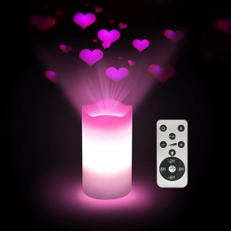 Valentines Day Flameless Candles Romantic Pink Heart Projector Lights Battery Operated Night Light with Remote and Timer, LED Candle Home Decorations