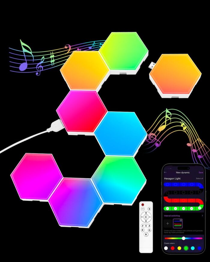 8 Pack Hexagon Light Panels -Cool Music Sync RGB Hexagon LED Lights Gaming Lights with APP & Remote Control Wall Lights Gift for Home Decor, Living Room, Bedroom,Gaming Room, Kids, Adults
