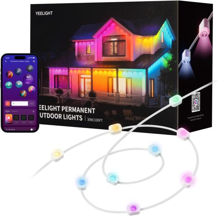 YEELIGHT Smart Outdoor Permanent String Light, 50 Ft, 20+ Lighting Effect, RGBIC LEDs, Music Sync, APP Control for DIY, IP67 Waterproof, lighting decoration for Eaves/Halloween/Christmas/Party/Holiday