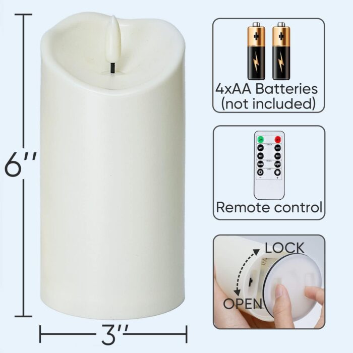 Homemory 6"x3" Outdoor Waterproof Flameless Candles, LED Candles, Battery Operated Candles with Remote and Timers, Electric Fake Plastic Pillar Candles, Ivory White, Set of 2 - Image 7