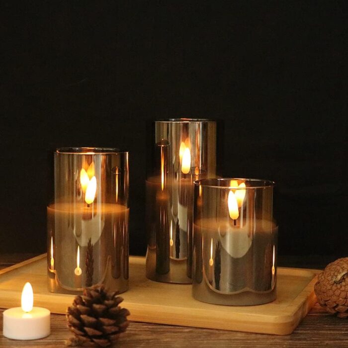 GenSwin Glass Flameless Candles with Remote Battery Operated Flickering LED Pillar Candles Real Wax 3D Wick for Wedding Festival Home Decoration(Gray,Pack of 3) - Image 2