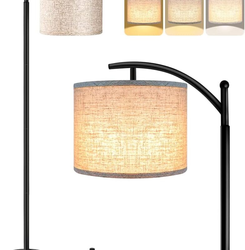 ROTTOGOON Floor Lamp for Living Room with 3 Color Temperatures LED Bulb, Standing Lamp Tall Industrial Floor Lamp Reading for Bedroom, Office (9W LED Bulb, Beige Lampshade Included) -Black