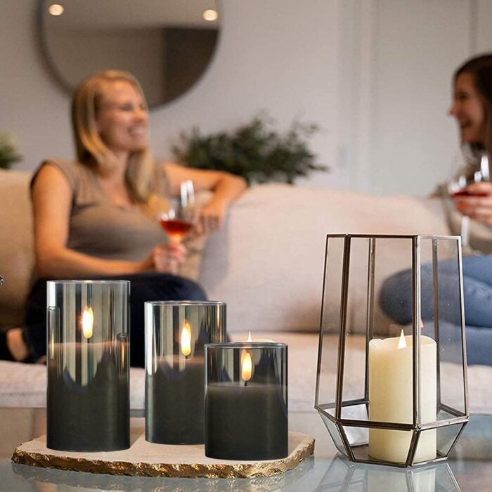 GenSwin Glass Flameless Candles with Remote Battery Operated Flickering LED Pillar Candles Real Wax 3D Wick for Wedding Festival Home Decoration(Gray,Pack of 3) - Image 4