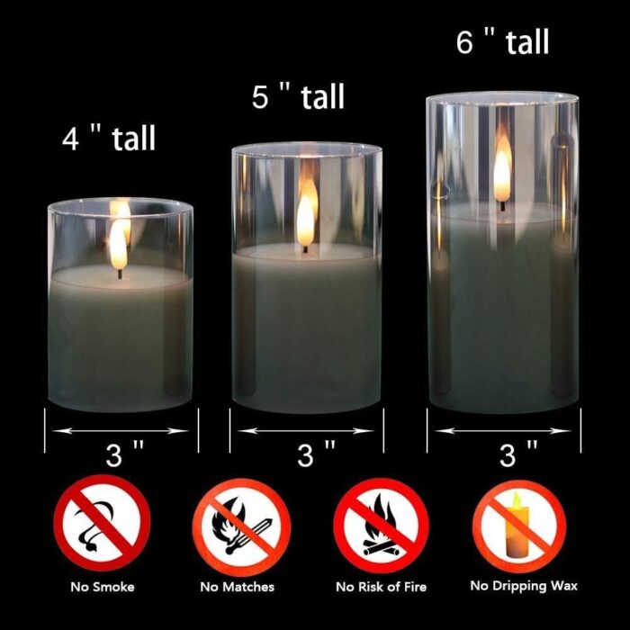 GenSwin Glass Flameless Candles with Remote Battery Operated Flickering LED Pillar Candles Real Wax 3D Wick for Wedding Festival Home Decoration(Gray,Pack of 3) - Image 6