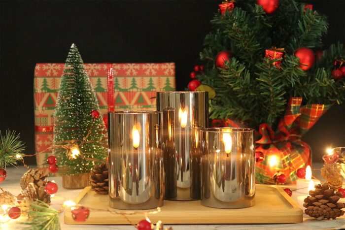 GenSwin Glass Flameless Candles with Remote Battery Operated Flickering LED Pillar Candles Real Wax 3D Wick for Wedding Festival Home Decoration(Gray,Pack of 3) - Image 3