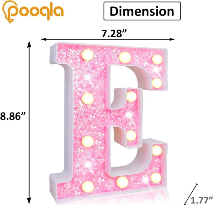 Pooqla LED Marquee Letter Lights, Light Up Pink Glitter Alphabet Letter E Sign Battery Powered for Night Light Birthday Party Wedding Girls Gifts Home Bar Christmas Decoration - Image 5