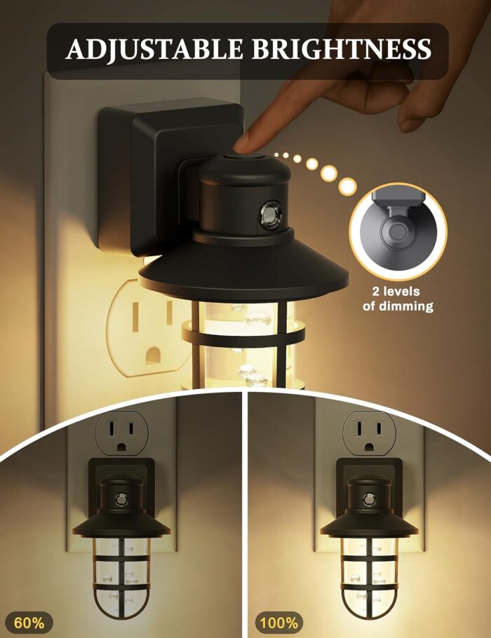 Night Lights Plug into Wall 【 2 Pack】, Vintage LED Night Light, Dusk to Dawn Sensor Auto-On/Off, Soft White 3000K, 30-60LM Dimmable Brightness Night Light for Kids Bedroom Bathroom Rustic Home Décor - Image 3