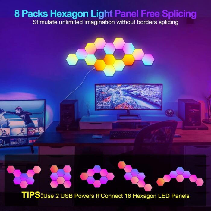 8 Pack Hexagon Light Panels -Cool Music Sync RGB Hexagon LED Lights Gaming Lights with APP & Remote Control Wall Lights Gift for Home Decor, Living Room, Bedroom,Gaming Room, Kids, Adults - Image 9
