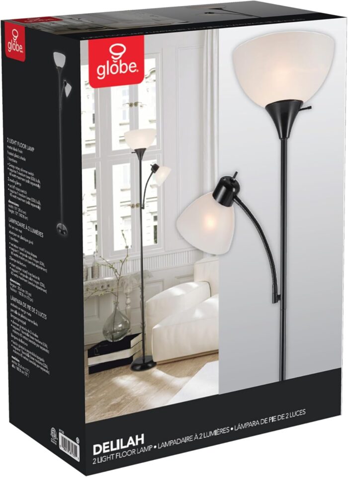 Globe Electric 67135 72" Torchiere Floor Lamp + Adjustable Reading Light, Matte Black, Frosted Plastic Shade, 3-Step Rotary Switch on Socket, Living Room Décor, Reading Light, Home Essentials - Image 9