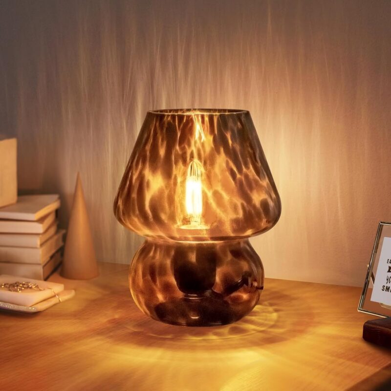 ONEWISH Mushroom Lamp Small Vintage Table Lamp for Bedroom Nightstand, Bedside Lamp Translucent Glass Stepless Dimmable, Murano Aesthetic Home Decor for Living Room Kitchen Mother's Day(Black)